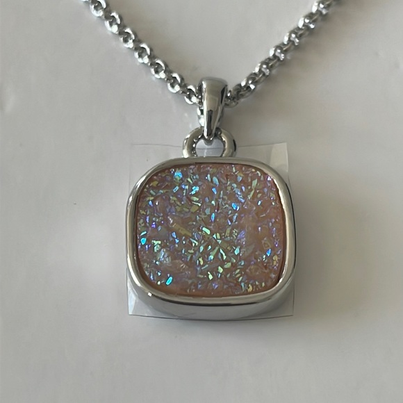 Pink Faux Druzy Droplet Silver Base Necklace - Fairy Sparkle Square Pendant - Picture 5 of 6